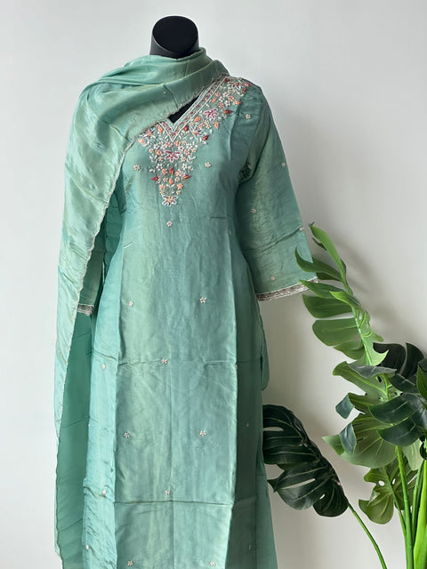 Neck work tissue kurta pant set