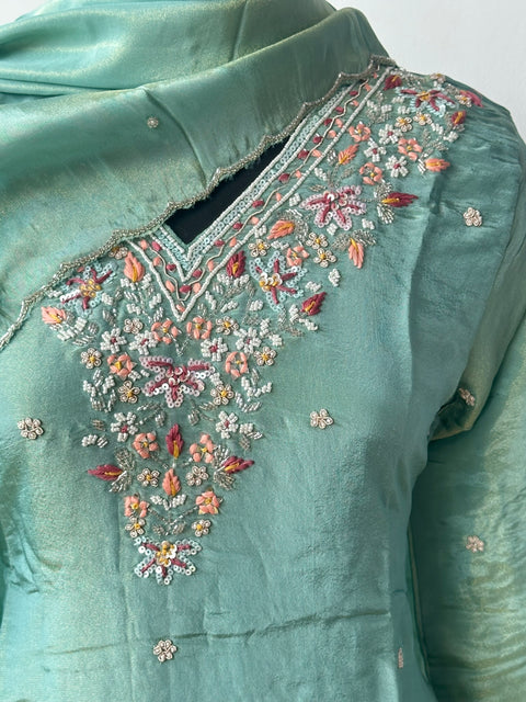 Neck work tissue kurta pant set