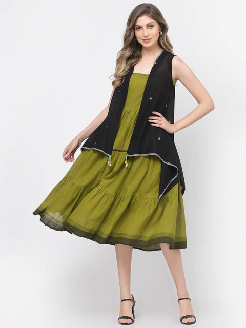 Green Self-Design Casual Dress with gathers