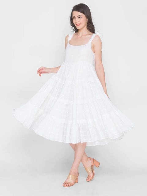 White Self Checked Tiered Casual Dress