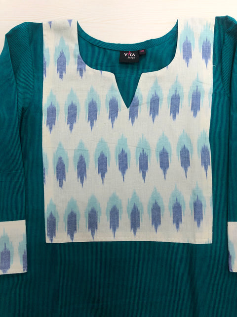 Ikat patch plain cotton kurti - Green stripes