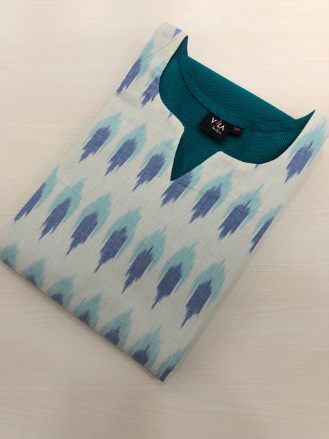 Ikat patch plain cotton kurti - Green stripes