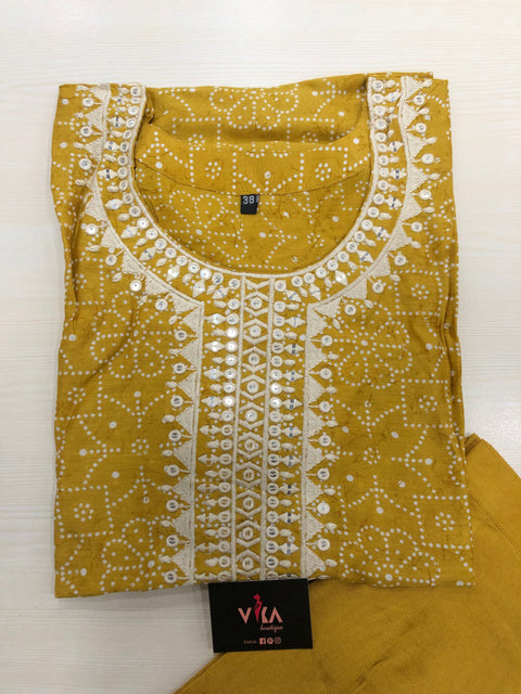 Printed muslin kurta pant set - Musturd