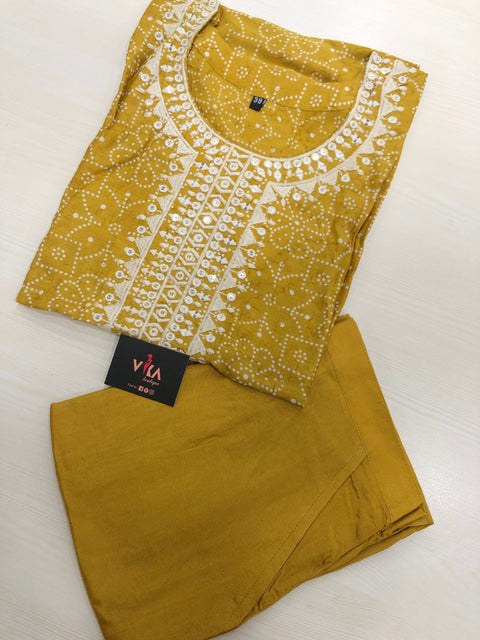 Printed muslin kurta pant set - Musturd