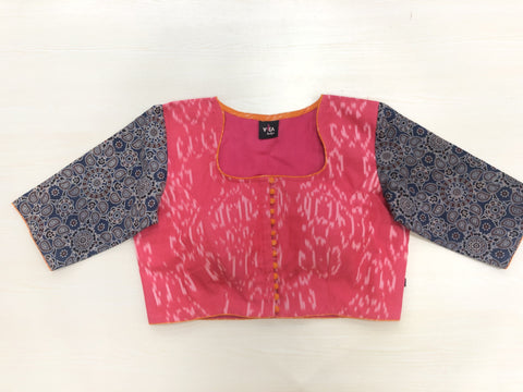 Pink ikat/blue ajrakh cotton blouse