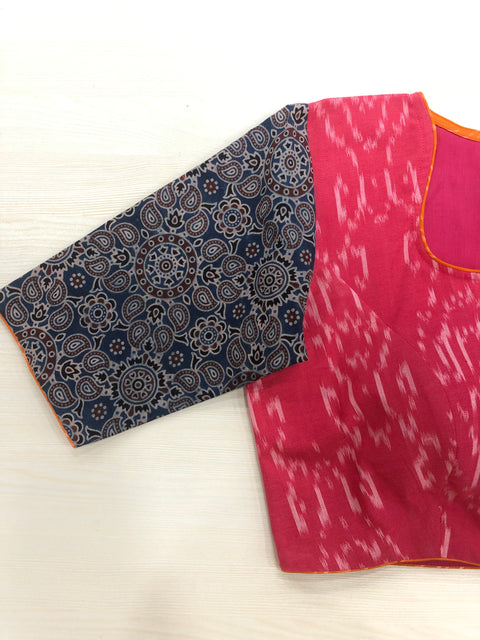 Pink ikat/blue ajrakh cotton blouse