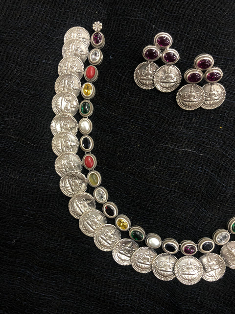 925 silver navratna coin neckalce