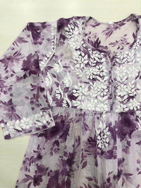 Lucknowi printed cotton Gown - Purple
