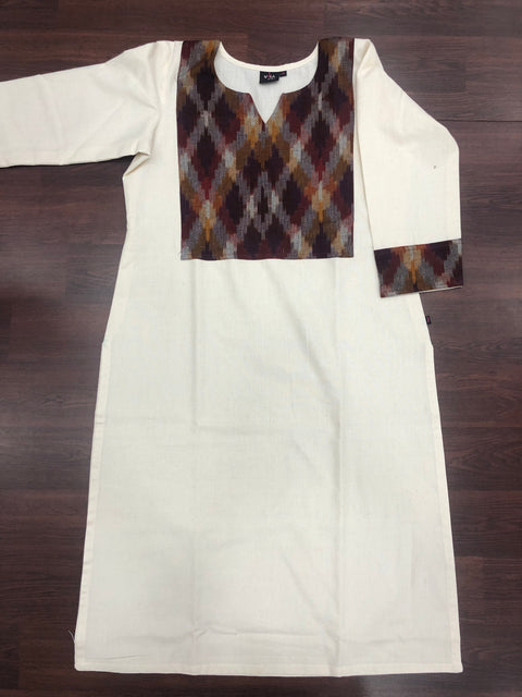 Ikat patch plain cotton kurti -white/brown