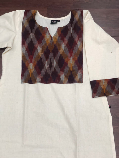 Ikat patch plain cotton kurti -white/brown