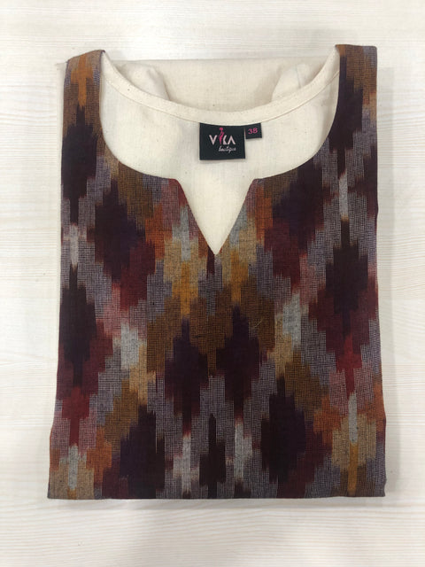 Ikat patch plain cotton kurti -white/brown