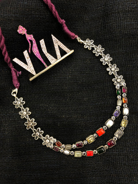 925 silver double layer navratna necklace