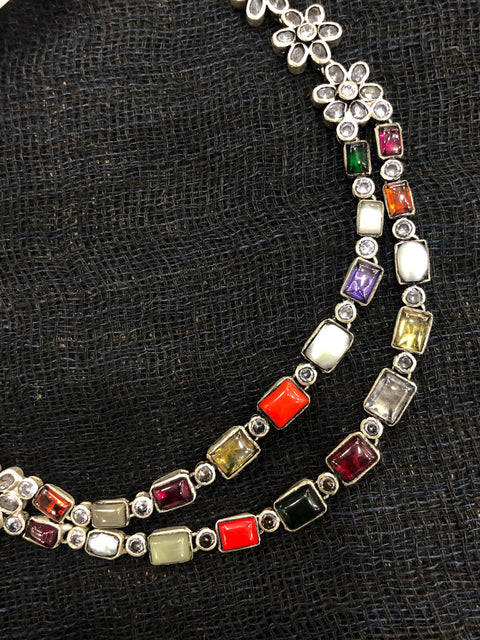 925 silver double layer navratna necklace
