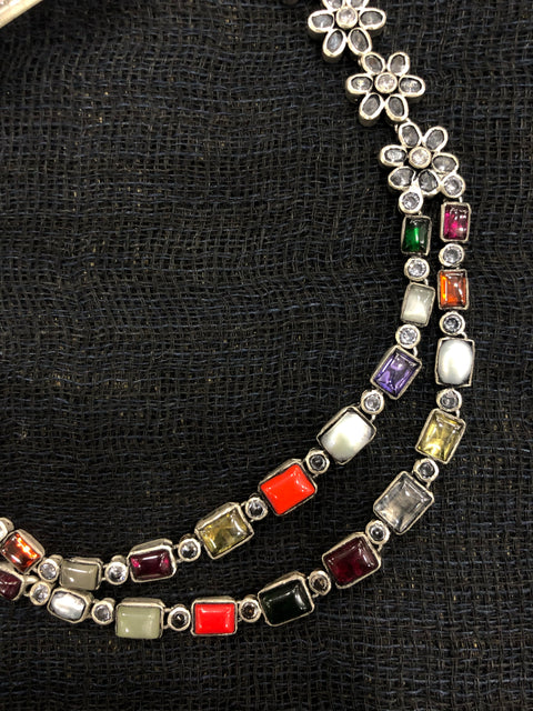 925 silver double layer navratna necklace