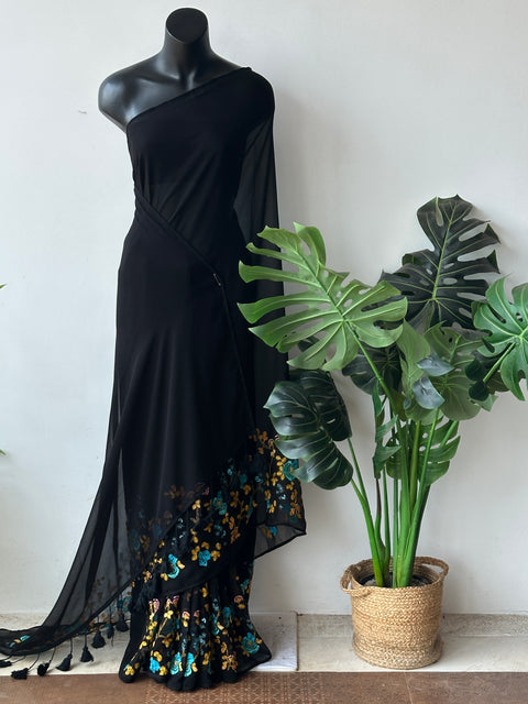 Floral emb Black georgette saree