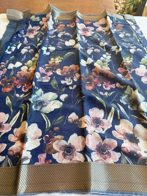 Vintage floral printed zari border saree