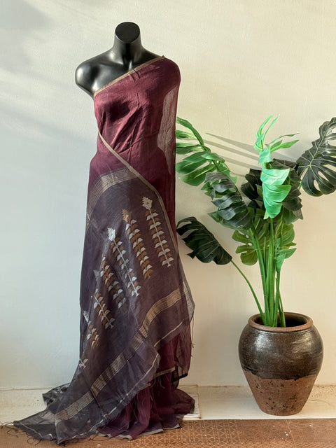 Brownish wine pure silk linen saree