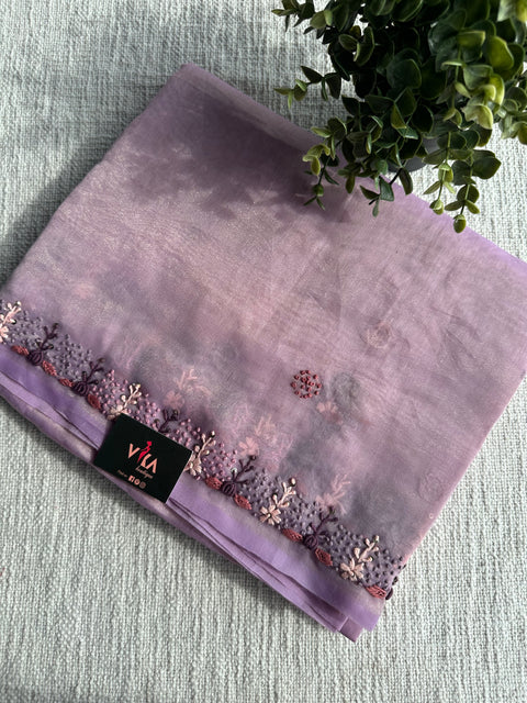 Pastel colour Hand Embroidery tissue saree