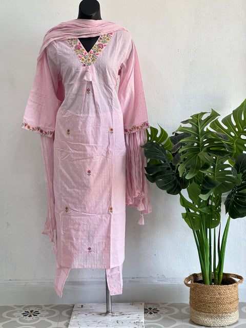 V neck emb dobby cotton suit set