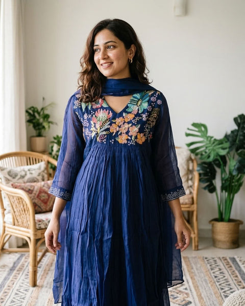 Hand emb mul chanderi Ready suit set - Electric Blue