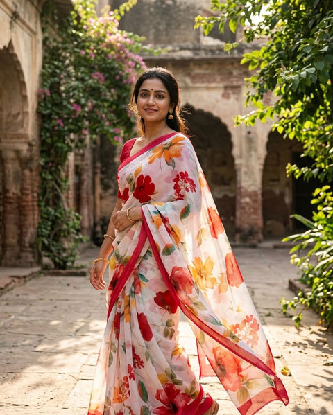 Floral printed georgette saree