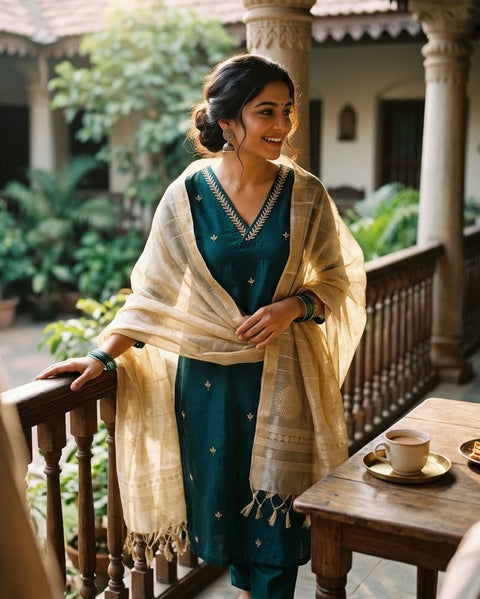 V neck silk cotton suit set