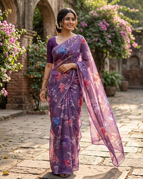Floral printed georgette saree