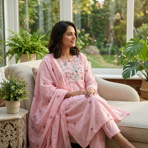 Baby pink Neck emb pure cotton suit set