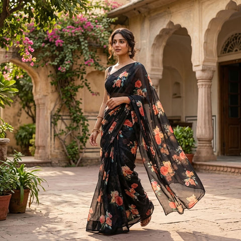 Floral printed georgette saree