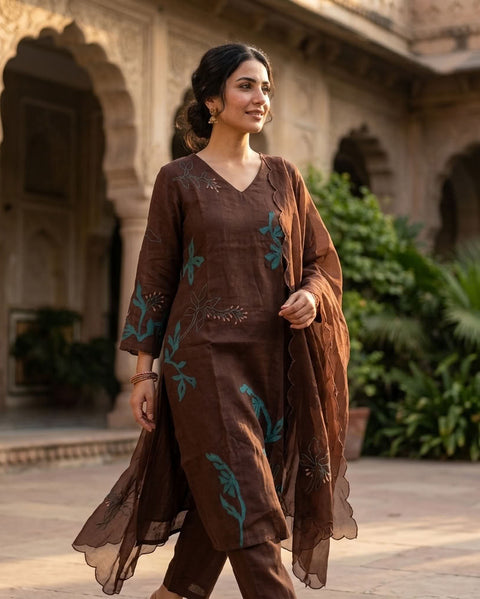 Coffee Brown Mul chanderi Ready suit set