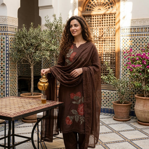 Brown Cross stitch emb cotton suit set