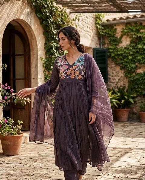 Hand emb mul chanderi Ready suit set - Mauve