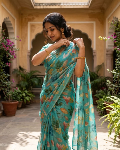 Floral printed georgette saree