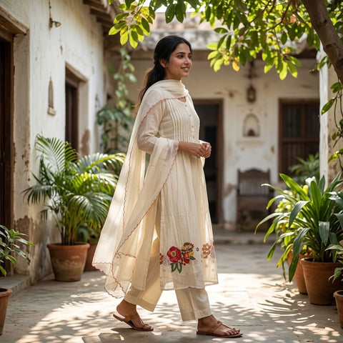 Colourful emb mul chanderi suit set