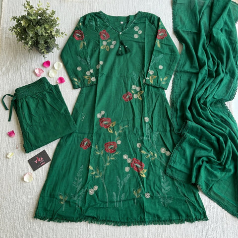 Green floral emb pure cotton suit set
