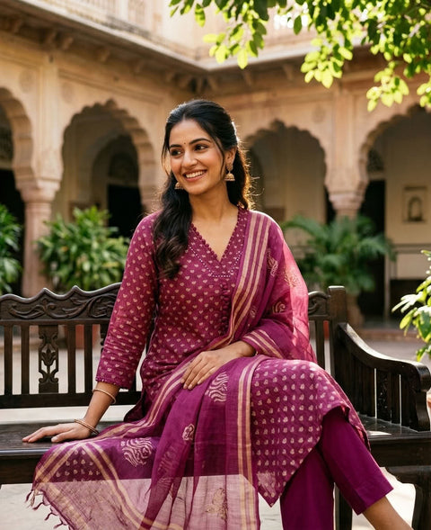 V neck printed kota cotton suit material