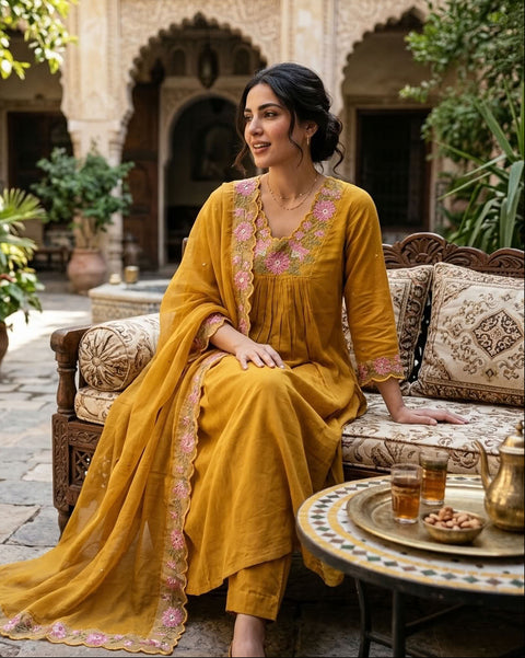 Musturd rayon kurta pant set