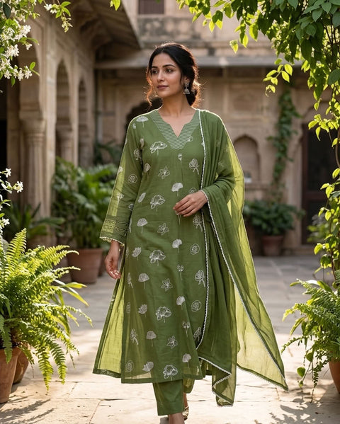 Embroidery cotton kurta pant set