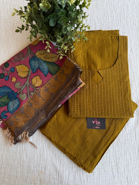 Silk cotton suit material with Pen kalamkari silk Dupatta