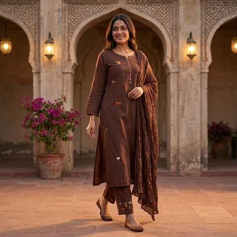 Floral emb slub cotton suit set