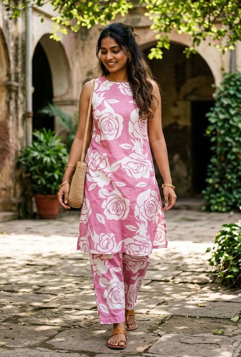 Sleeveless Floral printed kurta pant - Pink