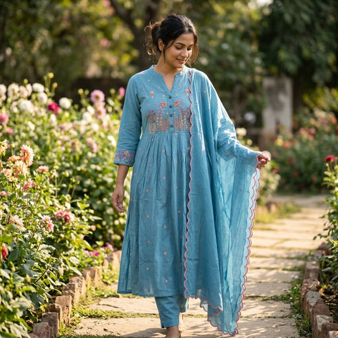 Floral emb blue pure cotton suit set