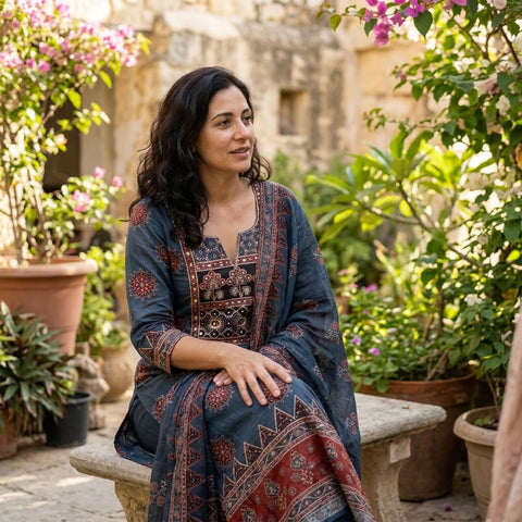 Ajrakh Printed Russian silk suit material