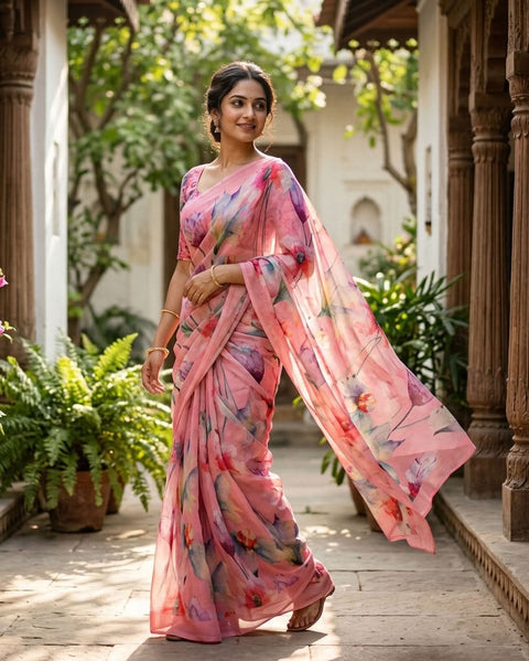 Floral printed georgette saree