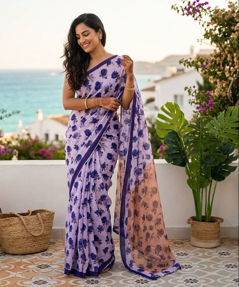 Digital Floral Printed Linen cotton saree