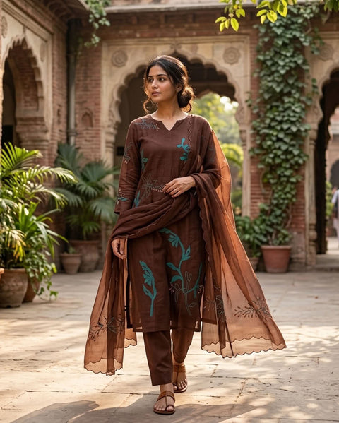 Coffee Brown Mul chanderi Ready suit set