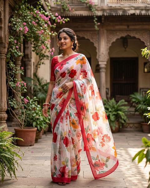 Floral printed georgette saree