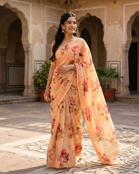 Floral printed georgette saree