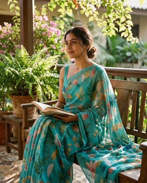 Floral printed georgette saree