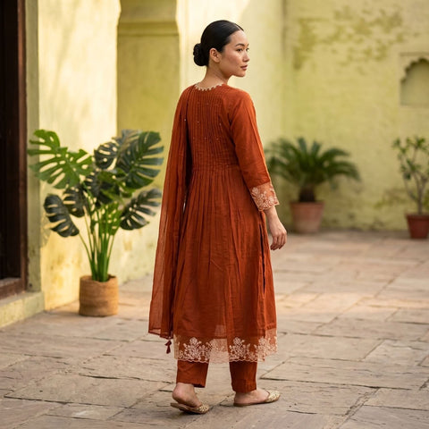 V neck lace work cotton suit set